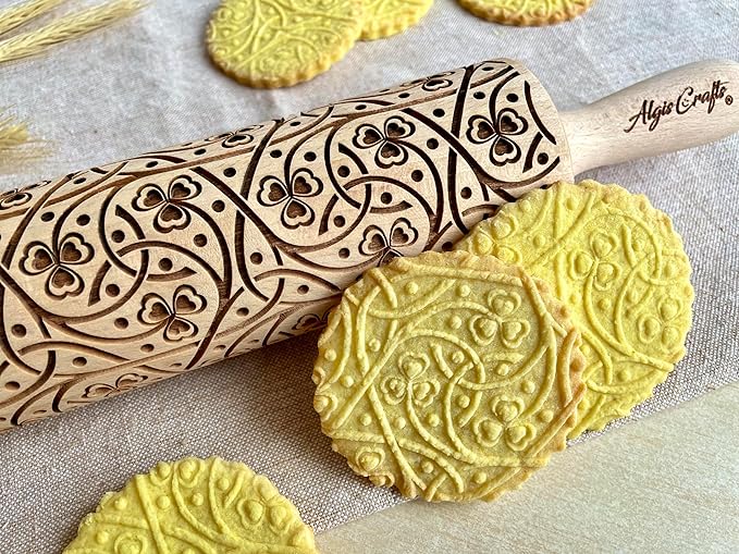IRISH CLOVER KNOT Embossing Rolling Pin. Dough Roller with Shamrock Pattern for Homemade Cookies and Pottery by Algis Crafts