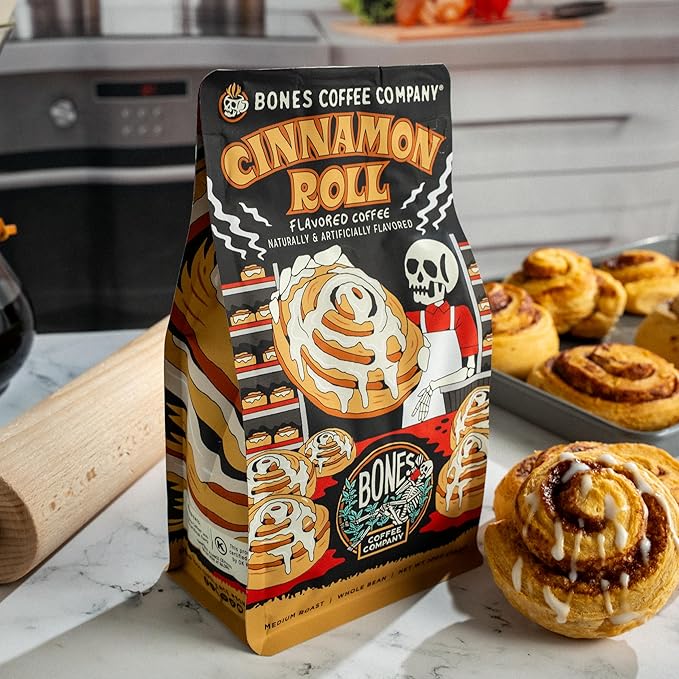 Bones Coffee Company Cinnamon Roll Flavored Coffee, Medium Roast Low Acid Arabica Beans Compatible with Auto drip and French Press Coffee Maker, 12 Oz Ground