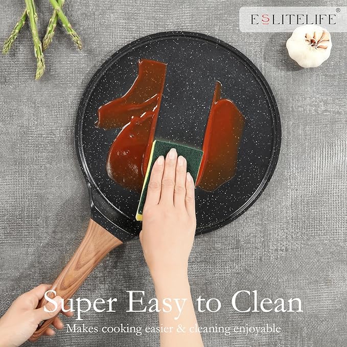 ESLITE LIFE 9.5 Inch Crepe Pan with Spreader, Nonstick Ceramic Flat Skillet Dosa Tawa Comales Para Tortillas Pancake Pan, PTFE & PFOA Free, Black