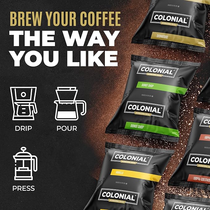 Colonial Coffee 100 Count Single Pot Coffee Packets – 100% Arabica Decaf Colombian Medium Roast | Pre-Measured Frac Packs for 12 Cup Maker | Bulk Ground Gourmet Coffee for Home & Office