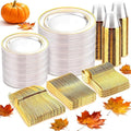 bUCLA 600PCS Clear Plates with Gold Trim - Clear Gold Dinnerware Set Disposable Include 100 Dinner/100 Dessert Plates, 100 Knives, 100 Forks, 100 Spoons, 100 Cups for Wedding, Party & Thanksgiving