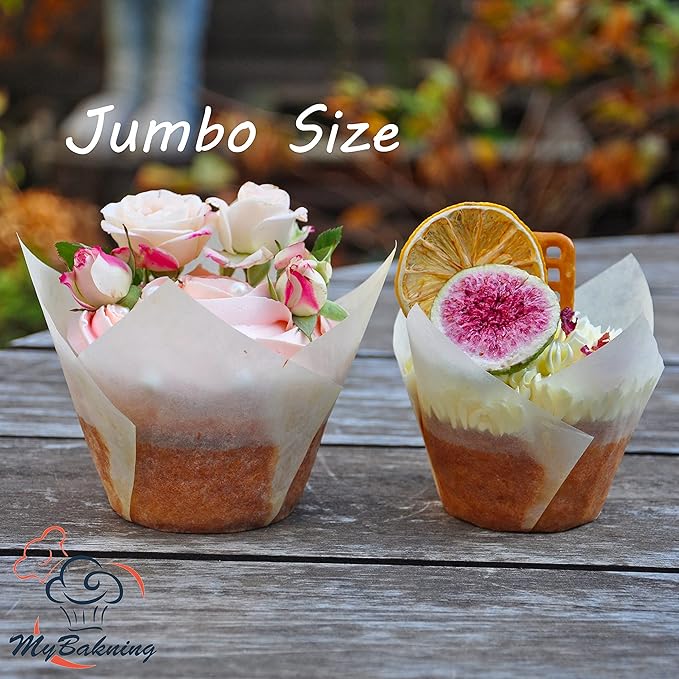 (Jumbo Extra Large size) Brown+White Tulip Baking Cups 2-1/4"(Base diameter) x 3-3/4"(Wall height) Greaseproof paper baking cupcake Muffin liners, Case of 130 pcs