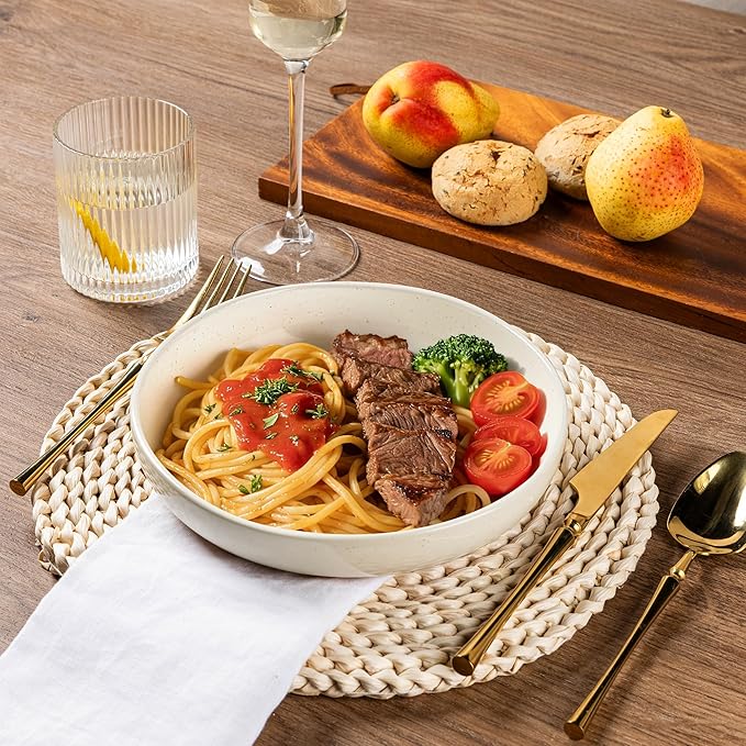 AmorArc Ceramic Dinnerware Sets with Pasta Bowls for 4, Handpainted Plates and Bowls Set with Rustic Terracotta Underside, Scratch Resistant Dishes Set, Dishwasher & Microwave Safe, 16 Pcs