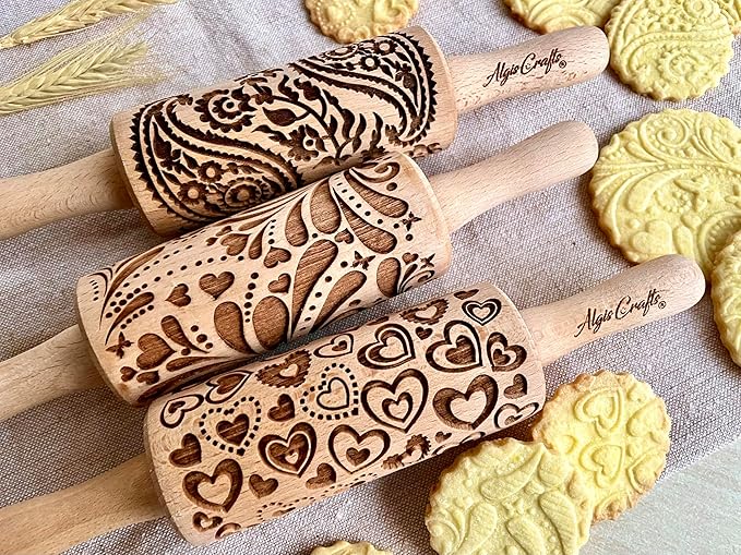 LOVELY DAY 3 KID Rolling Pin SET with HEART, PAISLEY and SPRING patterns. Wooden Laser Cut Mini embossing Rolling Pins for cookies, play dough, salt dough or clay by Algis Crafts