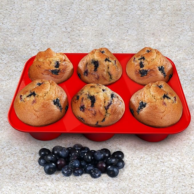 Silicone Texas Muffin Pan 6-Cups, Jumbo Muffin Pan Set of 2, BPA-Free Non-Stick Cupcake Maker, 10.75L x 7.5W for Baking