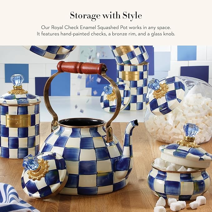 MACKENZIE-CHILDS Enamel Squashed Pot, Cute Enameled Container with Lid, 20 Ounces, Blue-and-White Royal Check