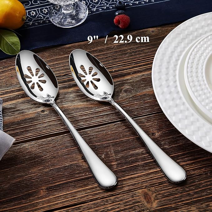 KEAWELL Premium Verona 4-Piece 9 inch Spoon Set – 18/10 Stainless Steel, Heavy-Duty Mirror-Finished Flatware for Daily Meals, Hosting and Special Occasions (4, Serving Spoons and Slotted Spoons)
