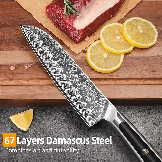 Sunnecko Santoku Knife 7 inch, Damascus Chef Knife VG-10 Steel Blade Japanese Knife, Sharp Kitchen Knife with Solid Handle Chopping Knife Perfect for Professional Home Use Cutting Knife