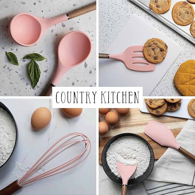 Country Kitchen Non Stick Silicone Utensil Set with Rounded Wood Handles for Cooking and Baking, 8 Piece Set, Pink