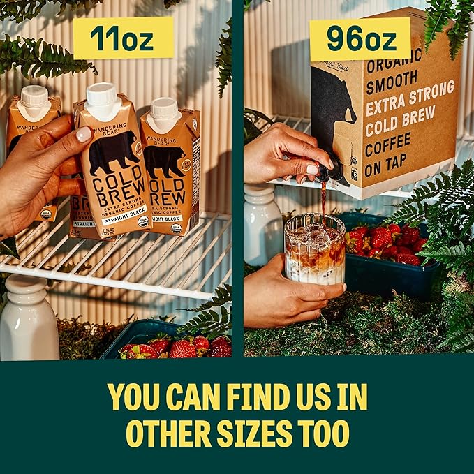 Wandering Bear Organic Cold Brew Coffee Variety Pack - Extra Strong, Bold, Smooth, Unsweetened, Shelf-Stable, Ready to Drink, Iced Cold Brewed Coffee Drink - 32 fl oz (3pk - Vanilla, Black, Mocha)