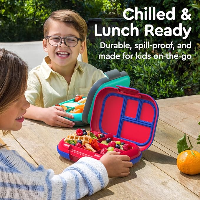 Bentgo Chill Kids Leak-Proof Lunch Box - 4-Compartment Bento Box with Built-In Ice Pack, 3.3 Cup Capacity, PFAS & BPA-Free, Microwave & Dishwasher Safe, Ideal Size for Ages 3 to 7 (Red/Royal)