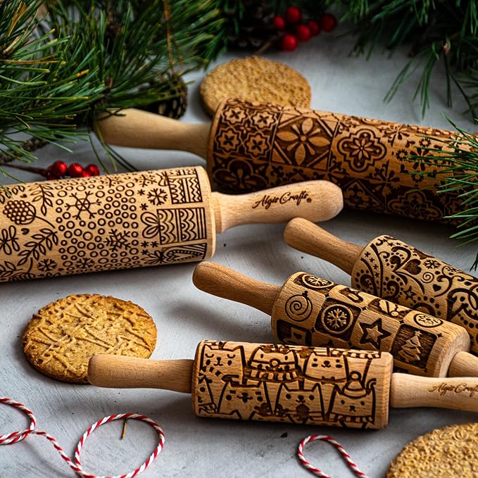 Embossing Rolling Pin VERONICA with Elegant Bloom Pattern – Dough and Clay Roller for Embossed Cookies and Pottery - Cookie and Ceramic Stamp - Baking Gifts for Women by Algis Crafts