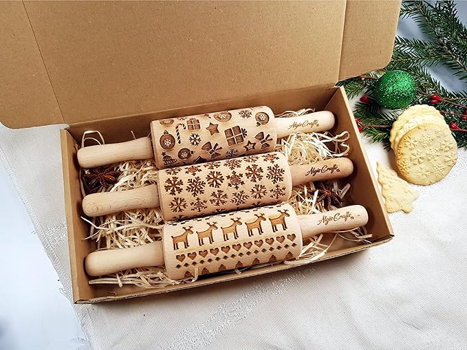 CHRISTMAS 3 Mini Embossed Rolling Pin Set Wooden Laser Engraved Textured rolling pins with Snowflakes, Elks, Christmas Trees and Gifts for Cookies by Algis Crafts