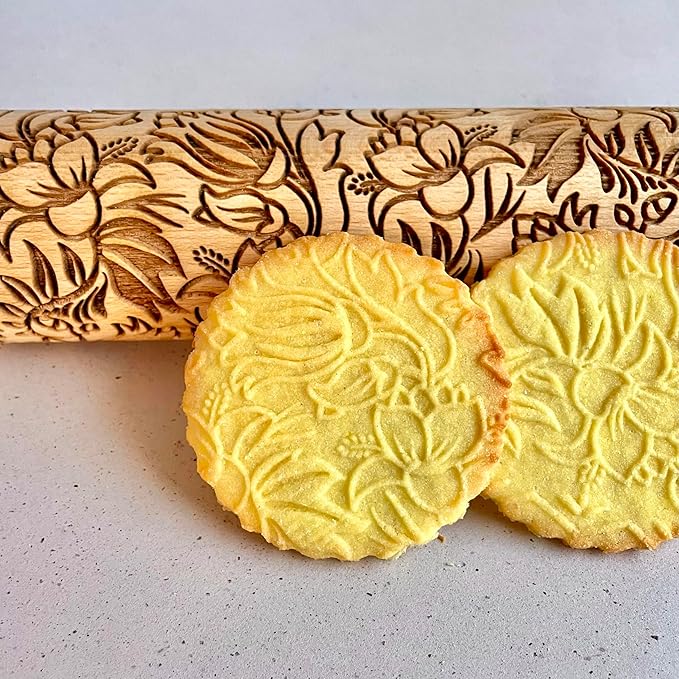Embossing Rolling Pin BLOOMY with Floral Pattern – Dough and Clay Roller for Embossed Cookies and Pottery - Cookie and Ceramic Stamp - Baking Gifts for Women by Algis Crafts