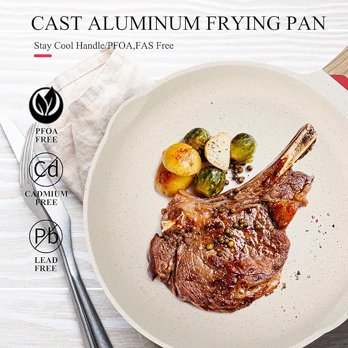 Vinchef Nonstick Frying Pan Anti Scratch,11 Inch Skillet Cast Aluminum Cookware, Induction Compatible White
