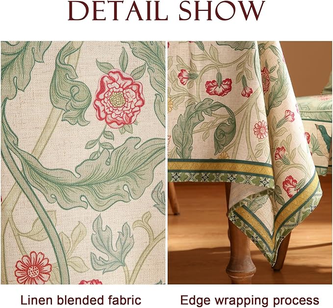patdrea Designer Vintage Linen Long Rectangle Tablecloth,Green French Leaves Pattern Floral Table Cloth,Fall Decoration Cover for Kitchen Dining Christmas,Thanksgiving,63"x102"-Cecilia a
