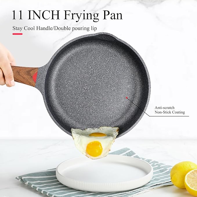 Vinchef Nonstick Frying Pan Anti Scratch,11 Inch Skillet Cast Aluminum Cookware with Wooden Stay Cool Handle, Induction Compatible