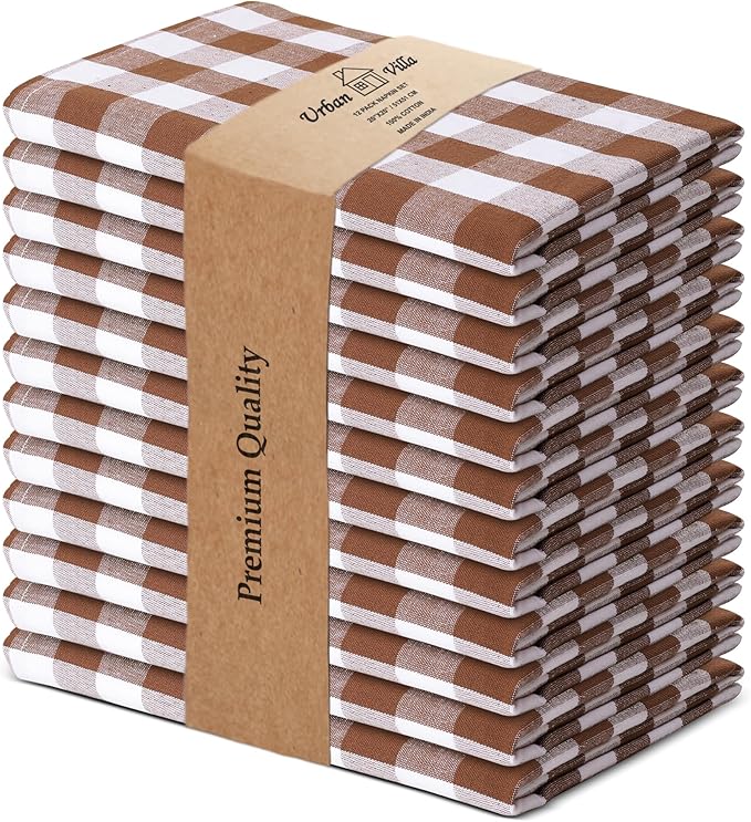 Urban Villa Cloth Napkins 100% Cotton Dinner Napkins Highly Absorbent 20x20 Inches (Set of 12) Brown White Buffalo Checks Reusable Washable Soft Durable Premium Napkins Ideal for Home Wedding Parties