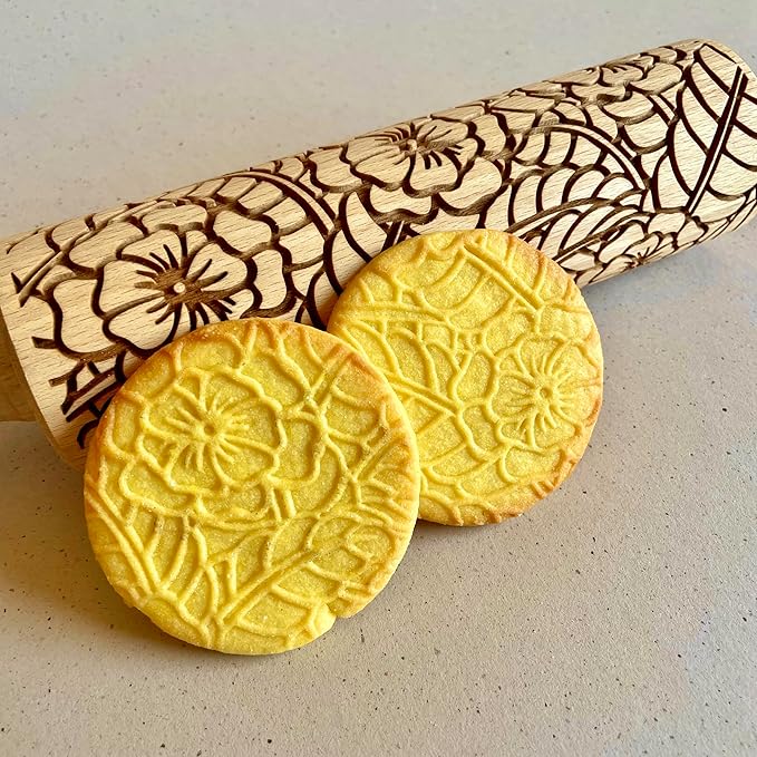 DOILY Embossing Rolling Pin with Flowers Pattern. Dough and Clay Roller for Embossed Cookies and Pottery. Cookie and Ceramic Stamp. Backing Gifts for Women by Algis Crafts