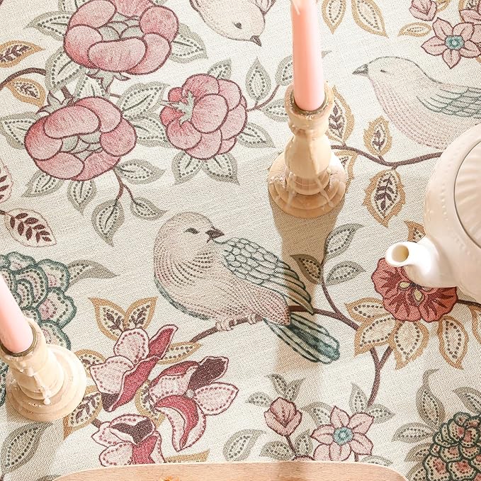 patdrea Designer Pink Linen Table Cloth for Sqaure Table,French Tablecloth with Birds Pattern,Small Colorful Decoration Cover for Kitchen Dining,Christmas,Party,Thanksgiving,55"x55"-Kulom a