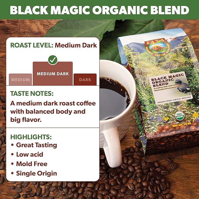 Low Acid Organic Coffee – Whole Bean, Mold-Free & Stomach Friendly by Java Planet, Black Magic Blend Coffee, Medium Dark Roast, Smooth Full Flavored, 1LB Bag