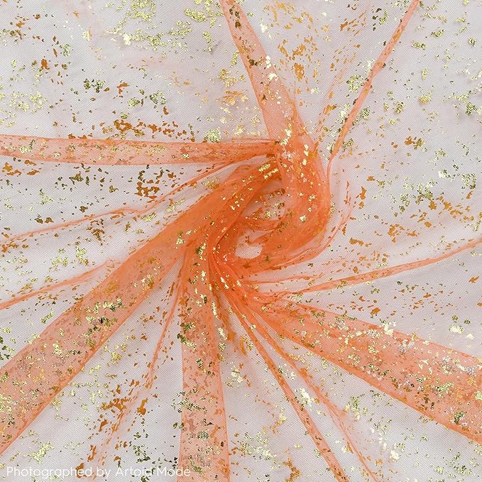 Artoid Mode 6PCS Orange Gold Gauze Table Runner 120 Inch 10FT, Glitter Metallic Foil Sheer Dining Wedding Anniversary Holiday Table Decor for Home Party