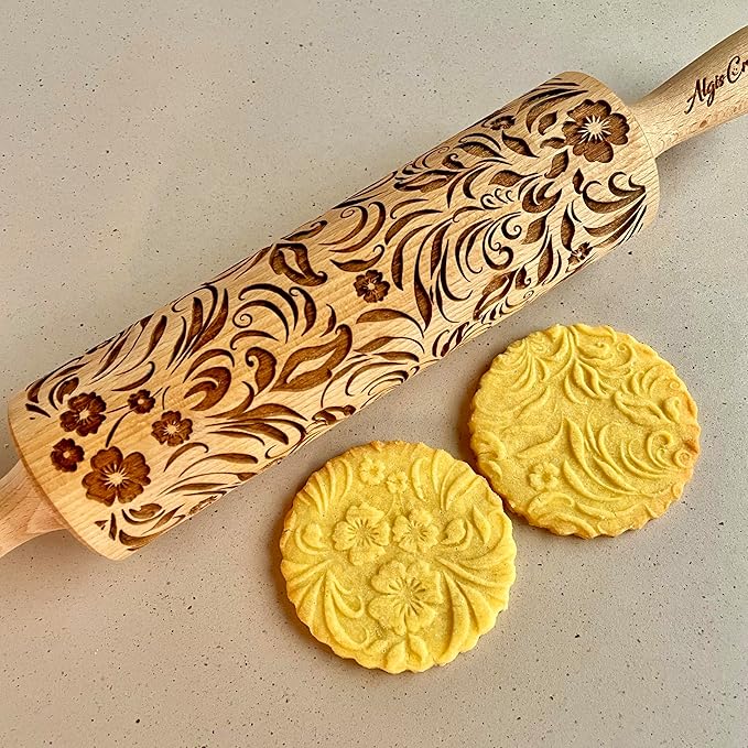 Embossing Rolling Pin VERONICA with Elegant Bloom Pattern – Dough and Clay Roller for Embossed Cookies and Pottery - Cookie and Ceramic Stamp - Baking Gifts for Women by Algis Crafts