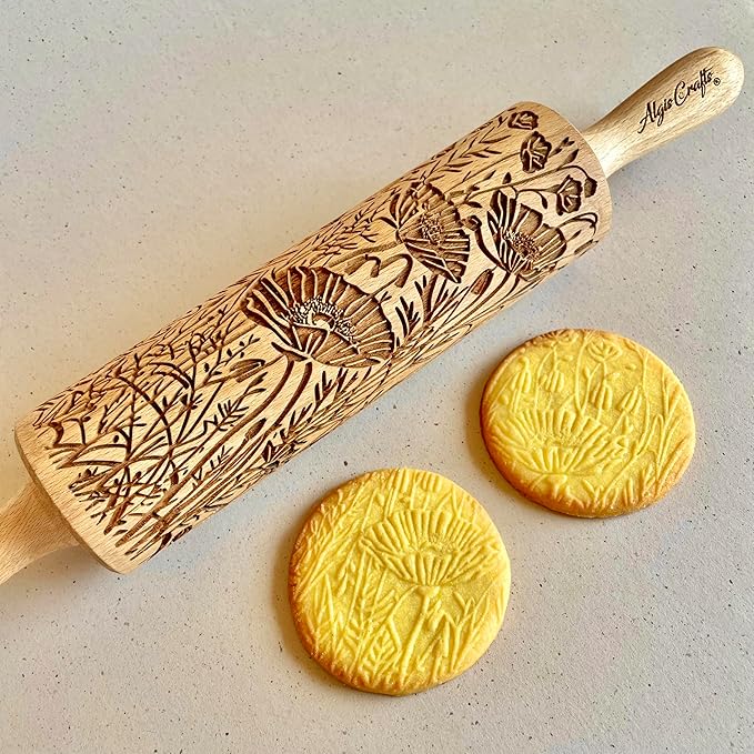 WILD POPPY Embossing Rolling Pin with Flowers Pattern. Dough and Clay Roller for Embossed Cookies and Pottery. Cookie and Ceramic Stamp. Backing Gifts for Women by Algis Crafts