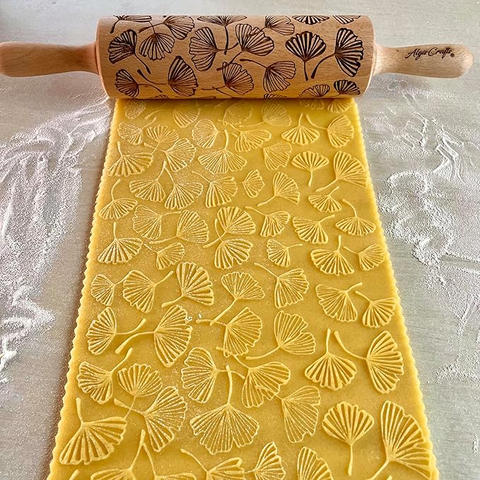 Embossing Rolling Pin GINKGO with Ginkgo Biloba Leaves Pattern – Dough and Clay Roller for Embossed Cookies and Pottery - Cookie and Ceramic Stamp - Baking Gifts for Women by Algis Crafts