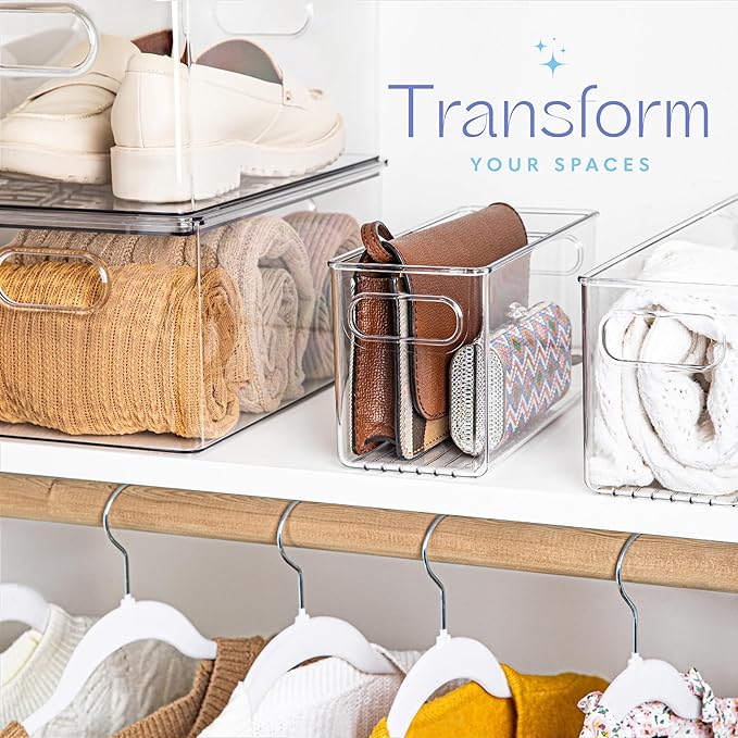 Plastic Food Storage 6 Pack Clear Container Bin with Handles for Organizing Kitchen, Pantry, Refrigerator, Freezer, Pantry, Cabinet, Closet, Bathroom. 10”x4”x5”