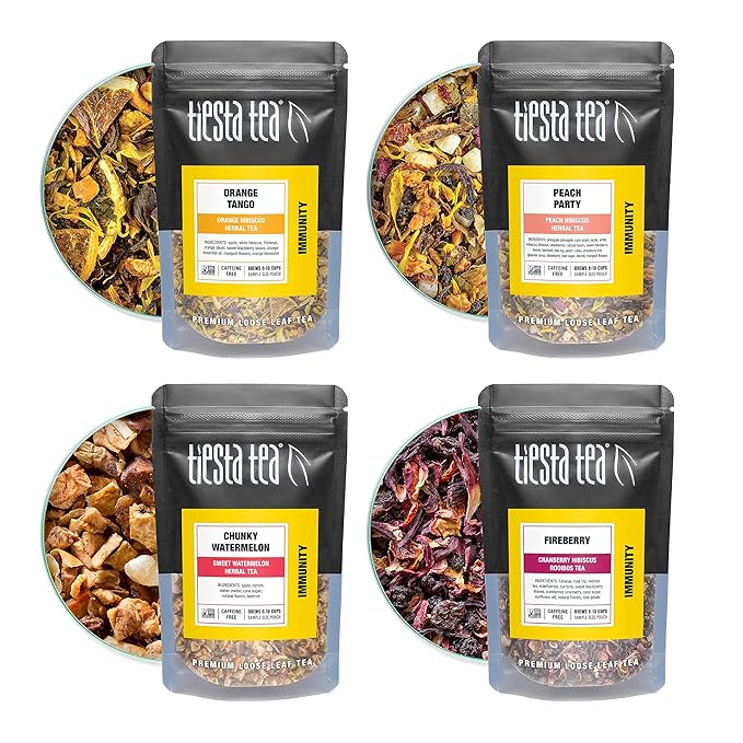 Tiesta Tea - Fruity Tea Sampler Dry Flight Set, Loose Leaf, No Caffeine, Makes Hot and Iced, Assorted Fruit Brews with Mango, Peach, Orange Drinks & More, 8 Resealable Sample Pouches