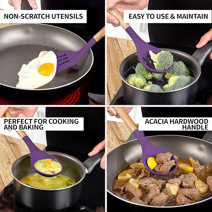 Zulay Kitchen Non-Stick Cooking Utensils Set with Authentic Acacia Wood Handles – 5-Piece Durable & Stylish Silicone Kitchen Utensils Set – Heat Resistant to 464°F – Purple