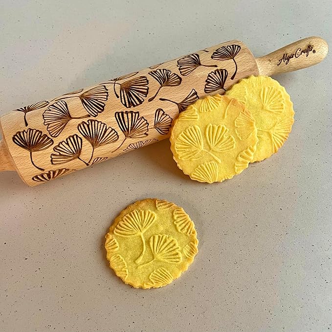 Embossing Rolling Pin GINKGO with Ginkgo Biloba Leaves Pattern – Dough and Clay Roller for Embossed Cookies and Pottery - Cookie and Ceramic Stamp - Baking Gifts for Women by Algis Crafts
