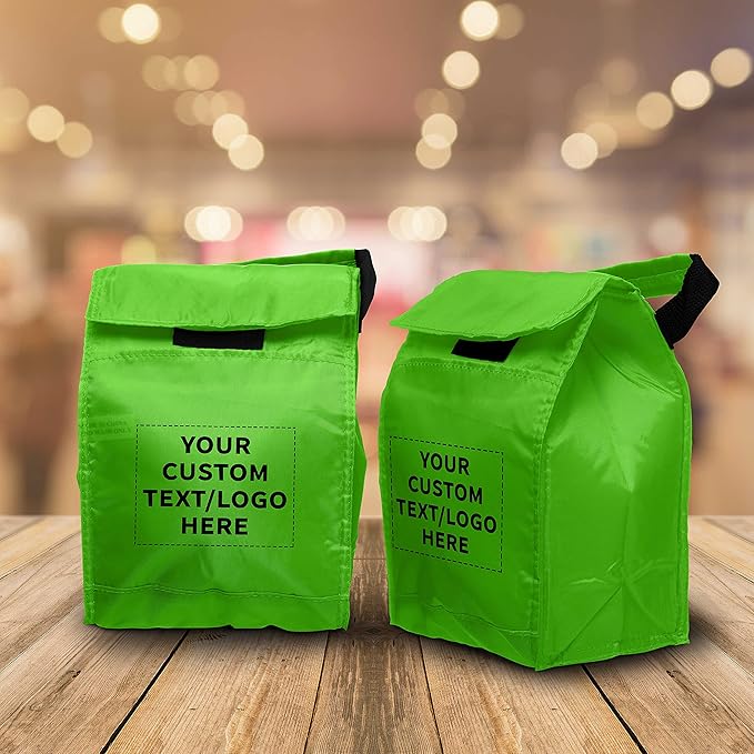 DISCOUNT PROMOS 10 Hook and Loop Insulated Lunch Bags Set - Customizable Text, Logo - Polyester, Durable, Vibrant, Reusable - Green