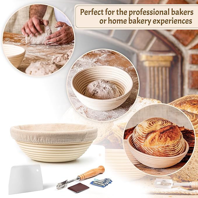 Sourdough Bread Baking Supplies Starter Kit, Banneton Proofing Basket 9'' Round, Sourdough Starter Jar, Scraper, Scoring Lame, Brush, Short Danish Whisk, Gift Set