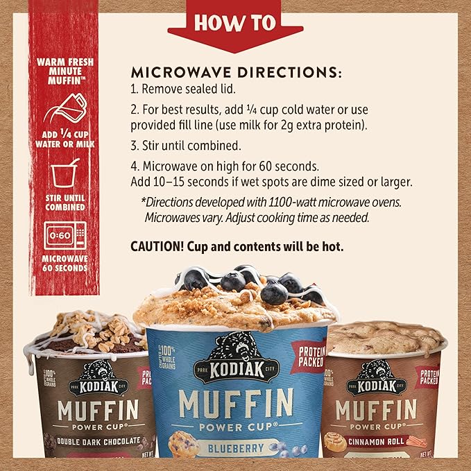 Kodiak Cakes Minute Muffin Cup Variety Pack - 100% Whole Grains, Double Dark Chocolate, Blueberry & Cinnamon Roll (Pack of 12)
