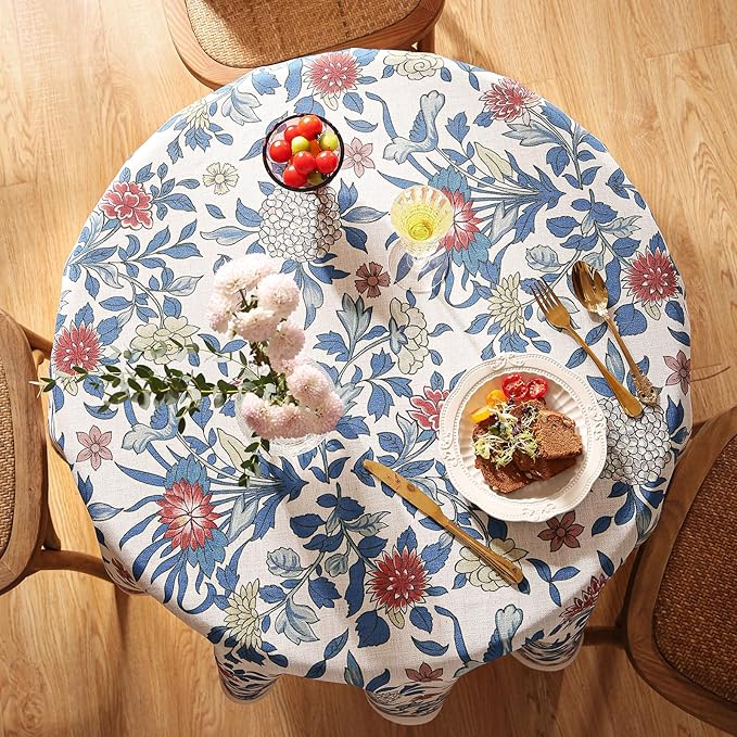patdrea Designer Blue Tablecloth for Round Table,Vintage Linen with Leaves and Floral Pattern Tablecloths,Farmhouse Decor Cover for Kitchen Dining Christmas,Thanksgiving,Diameter 67"-Ivar a