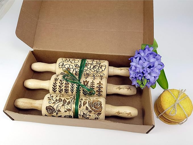 GARDEN BLOSSOMS 3 Small Size Embossed Rolling Pin Set. Wooden Laser Engraved Embossing Dough Roller for Embossed Cookies Gift for Birthday, Easter by Algis Crafts