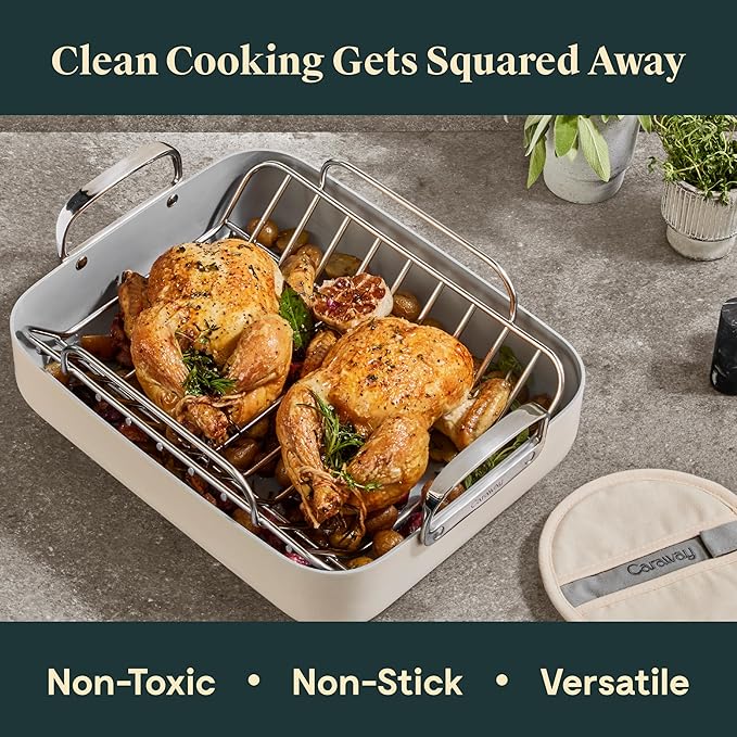 Caraway Roasting Pan - 16x13” Roasting Pan with Rack - Non-Stick Ceramic Coated - Non Toxic, PTFE & PFOA Free - Oven Safe & Compatible with All Stovetops - Marigold