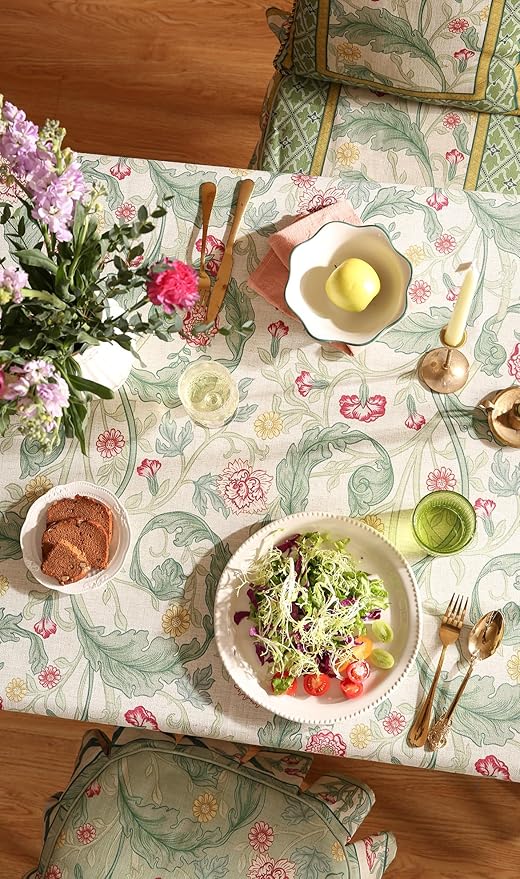 patdrea Designer Vintage Linen Long Rectangle Tablecloth,Green French Leaves Pattern Floral Table Cloth,Fall Decoration Cover for Kitchen Dining Christmas,Thanksgiving,63"x102"-Cecilia a