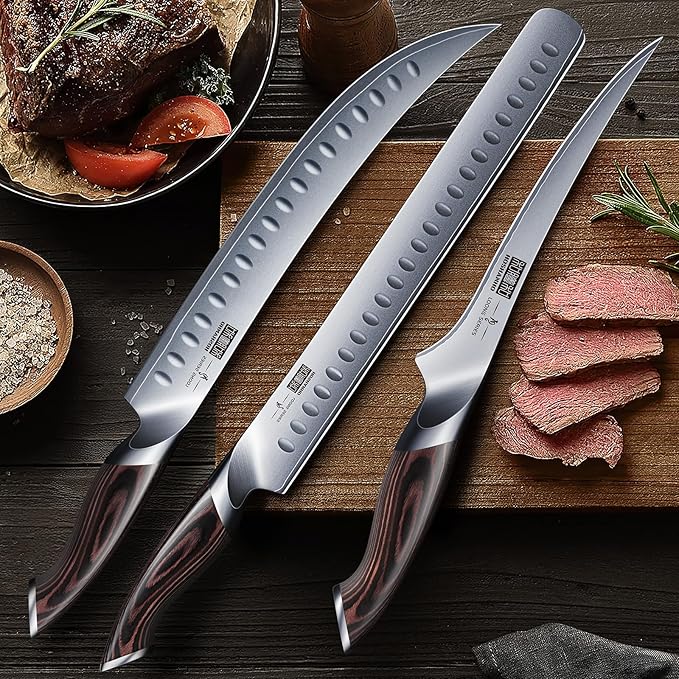 HOSHANHO Carving Knife Set 3PCS, Japanese High Carbon Steel Brisket Slicing Knife Sets with Ergonomic Pakkawood Handle, Butcher Knife Breaking Knife Boning Knife for Meat Cutting