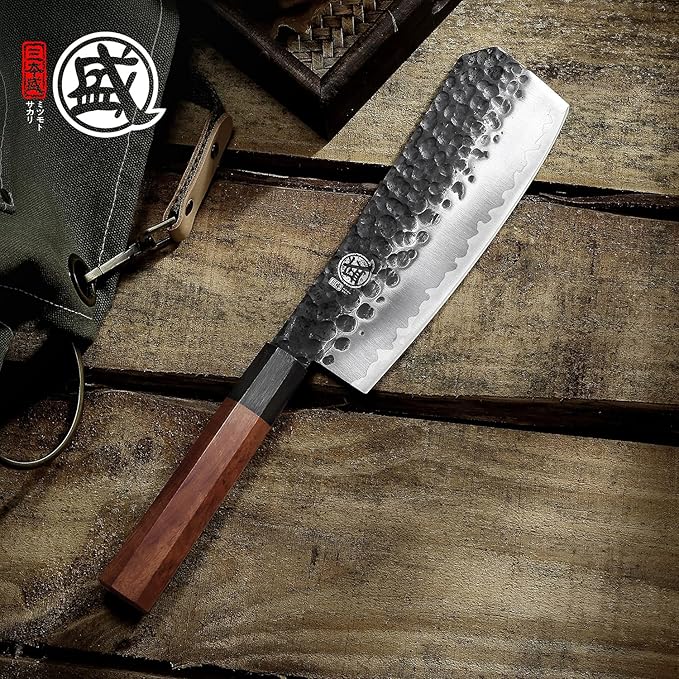 MITSUMOTO SAKARI Boning Knife 7 inch - Hand Forged Japanese Meat Cleaver Knives, 3-Layer 9CR18MOV High Carbon Steel, Rosewood Handle & Sandalwood Box