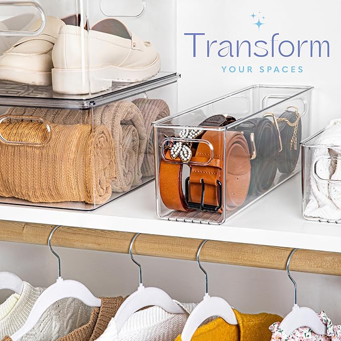 Plastic Food Storage Clear Container Bin with Handles for Organizing Kitchen, Pantry, Fridge, Freezer, Pantry,Bathroom. 16"x4"x5"