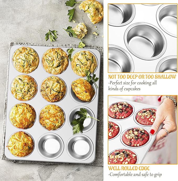 E-far Stainless Steel Muffin Pan Set of 6, 12 Cups Cupcake Pans Tins for Baking, Non-Toxic Metal Muffin Tray Molds for Small Mini Cupcake, Heavy Duty & Regular Size, Rust Free & Dishwasher Safe