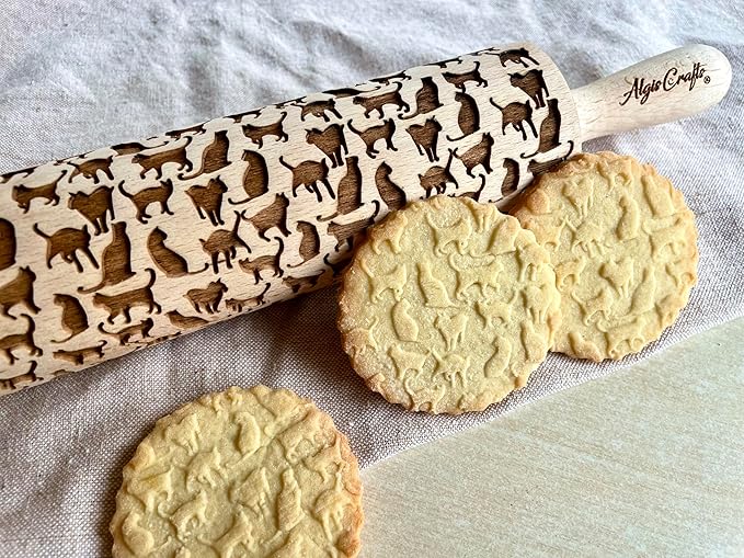 KITTY Embossing Rolling Pin Cat embossed Dogh Roller for Embossed Cookies and Potery by Algis Crafts