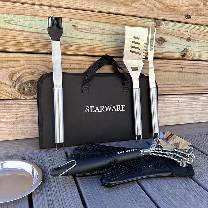 Barbecue Grill Tool Set - Stainless Steel - Strong Durable Design - Heat Resistant Glove & Bristle Free Grill Brush - Thermometer, Meat Injector, & Corn Skewers - Perfect For Smokers & Grills