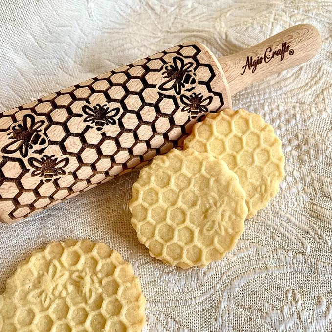 WILD 3 mini Embossed Rolling Pin Set with Bees, Meadow and Forest Patterns by Algis Crafts for Cookies and Pottery by Algis Crafts