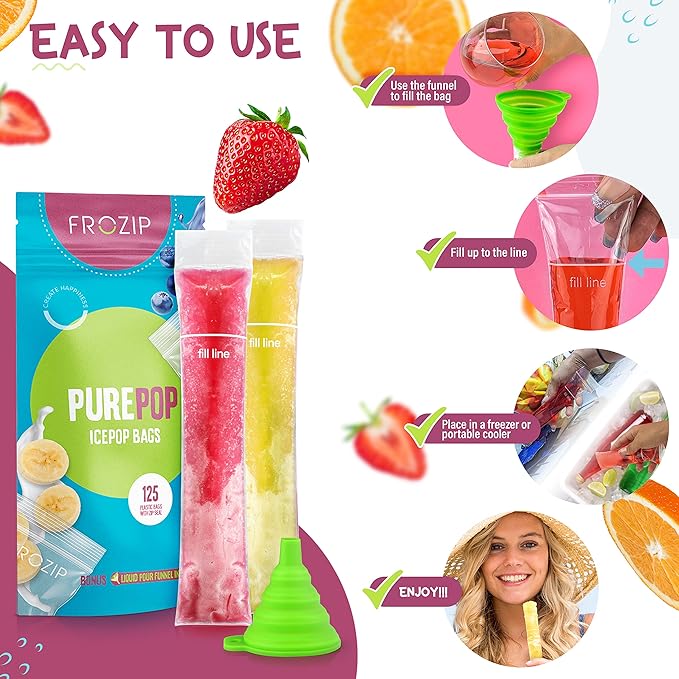 125 Disposable Ice Popsicle Mold Bags| BPA Free Freezer Tubes With Zip Seals | For Healthy Snacks, Yogurt Sticks, Juice & Fruit Smoothies, Ice Candy Pops| Comes With A Funnel (8x2")