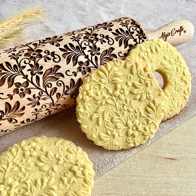 Embossing Rolling Pin FLORAL WREATH with Flowers Pattern. Dough and Clay Roller for Embossed Cookies and Pottery. Cookie and Ceramic Stamp. Backing Gifts for Women by Algis Crafts