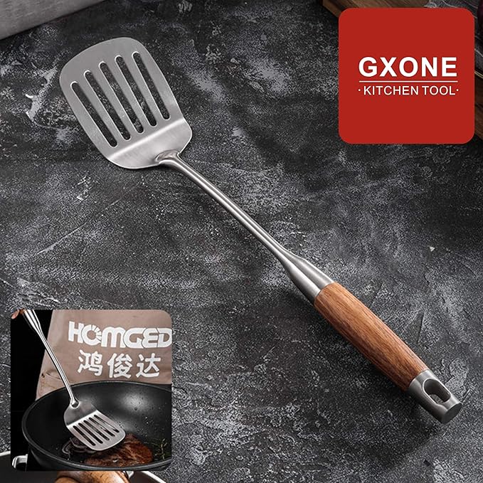 Metal Spatula,304 Stainless Steel Wok Spatula with Heat Resistant Wooden Handle,Silver/15.7Inch
